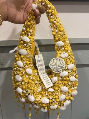 Yellow Beaded Shell-Embellished Hobo Bag